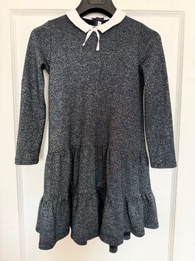 Il Gufo Navy Sparkle Long-Sleeve Dress with White Peter Pan Collar